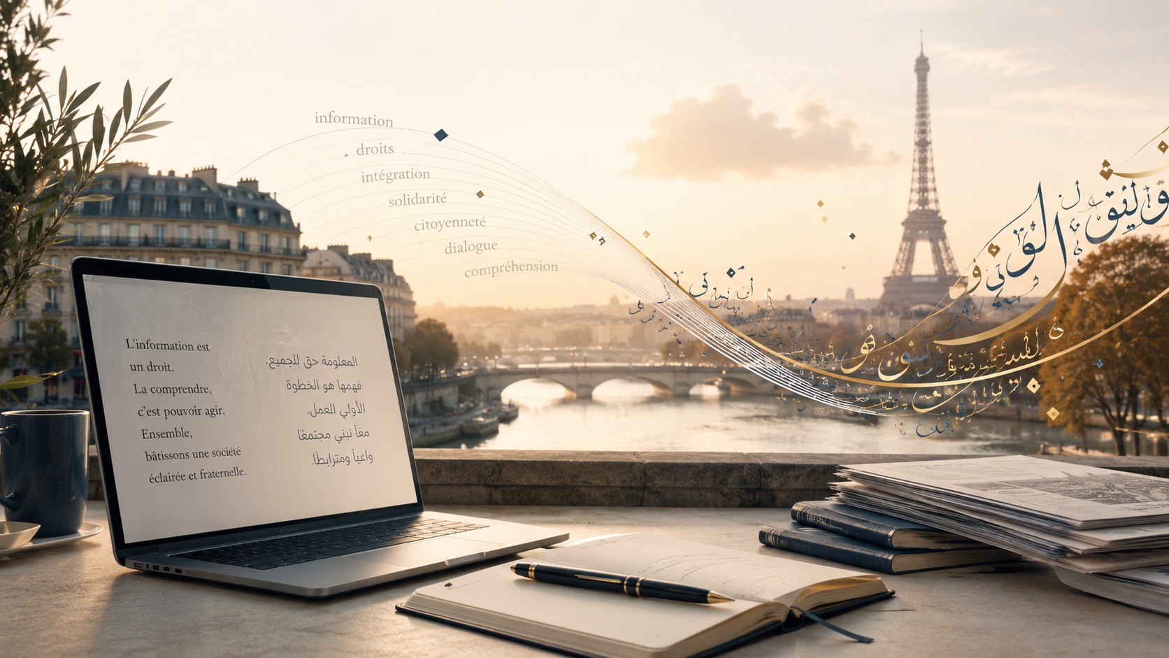 Illustration d’un média citoyen bilingue à Paris, en français et en arabe, consacré à l’accès aux droits et à l’intégration.