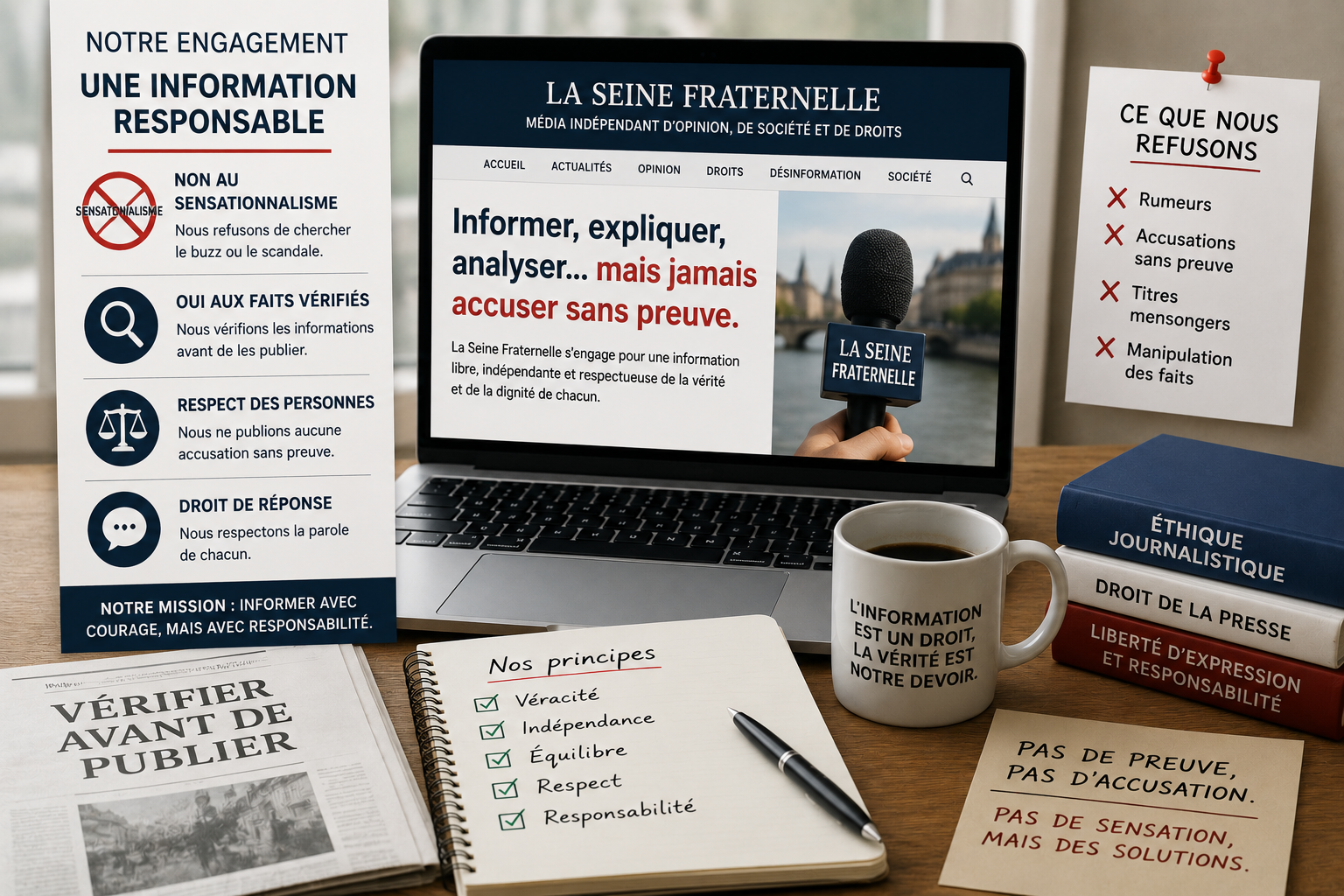 Illustration d’un média indépendant refusant le sensationnalisme et privilégiant une information responsable, vérifiée et respectueuse.