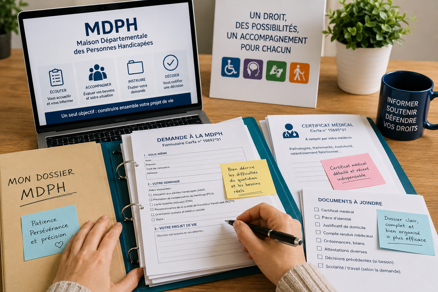 Illustration d’une personne préparant un dossier MDPH avec un formulaire, un certificat médical, des justificatifs et une checklist d’accès aux droits.