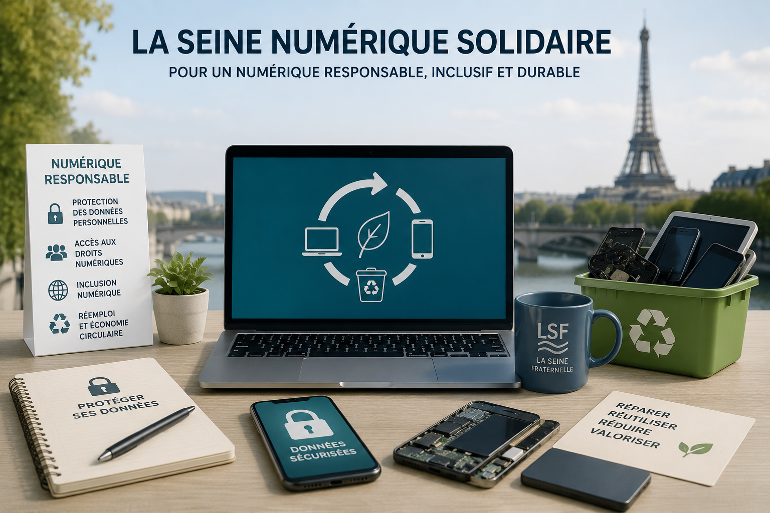 Illustration originale du programme La Seine Numérique Solidaire consacré au numérique responsable, à l’accès aux droits, à la protection des données et à l’économie circulaire.